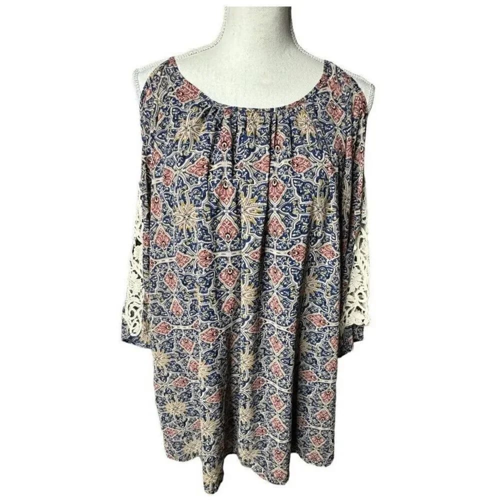 Umgee Multicolor Baby Doll Swing Mini Dress Cold Shoulder Novelty Print Size M